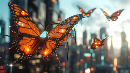 Wall Mural - Cyber technological butterflies with artificial intelligence robots insects glowing flickering fantastic on a blur bokeh background against the backdrop of the city