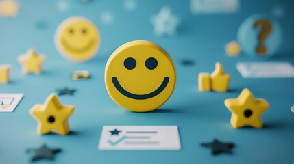 Wall Mural - Smiley face surrounded by positive symbols, thumbs-up gestures, stars, and happy emoticons Feedback rating and customer satisfaction, positive experiences and reviews.