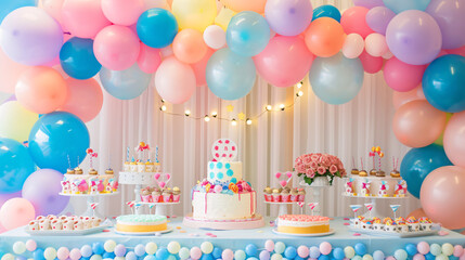 Wall Mural - birthday cake with candles and balloons