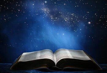 Wall Mural - closeup of a bible open and stars and sparkles floating above, galaxies swirl above, deep blues, leave room for text