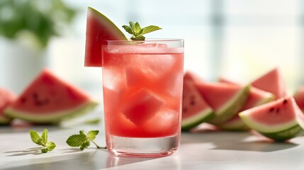 Wall Mural - A watermelon lemonade drink in an explosion of fruity and revitalizing flavors perfect for hot summer days. An irresistible and invigorating watermelon and citrus drink.