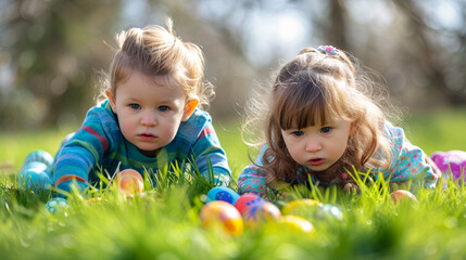 Wall Mural - children playing in the grass looking for easter eggs