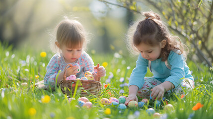 Wall Mural - children playing in the grass looking for easter eggs