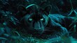 a close up of a black panther laying in a field of grass with a bright blue light on its face.