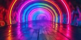 Fototapeta  - Vibrant neon tunnel pulsating with colorful lines, electrifying journey through a kaleidoscope of light and movement.