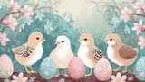Fototapeta  - Wielkanocne niebieskie, pastelowe tło z kurczątkami, pisankami i kwiatami. Rysunek, grafika, kartka świąteczna 