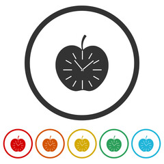 Sticker - Apple fruit clock icon. Set icons in color circle buttons