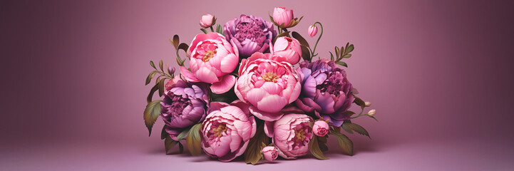 Wall Mural - Pink peonies flowers bouquet on purple background banner. Panoramic web header. Wide screen wallpaper