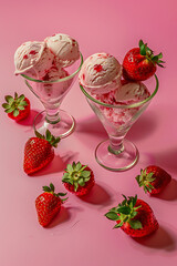 Wall Mural - ice cream and strawberrys in glass on pink background