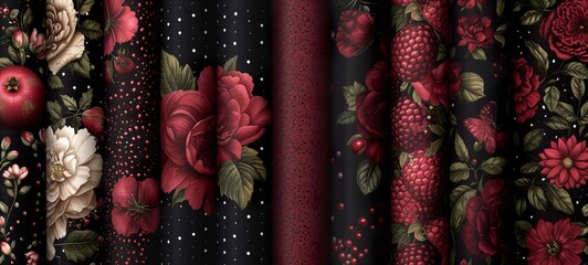 Sticker - Collage contemporary garnet, pomegranate floral and polka dot shapes seamless pattern 