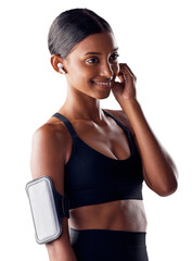 Poster - Fitness, earphones and woman with phone for music, exercise and wellness for body training with smile. Streaming, listening and workout with happy girl athlete isolated on transparent png background.