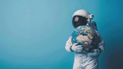 Wall Mural - an astronaut hugging a planet earth, studio shot against a plain blue background