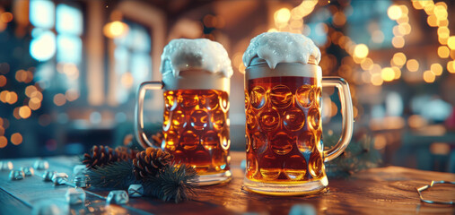 A lively Oktoberfest celebration backdrop, with traditional Bavarian decor, frothy beer steins