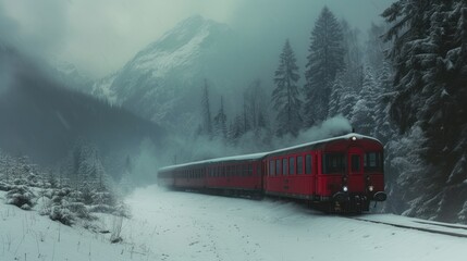 Wall Mural - a red train traveling through a snowy forest filled with lots of trees and snow covered mountains on a foggy day.