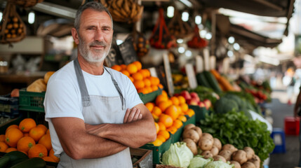 Sticker - portrait of a cheerful, bearded elderly man with white hair and a mustache, standing with his arms crossed in front of a market stall filled with fresh fruits and vegetables