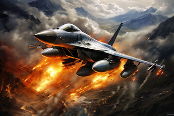 Wall Mural - Fighter jet fighter in the sky with clouds. 3d ilustration