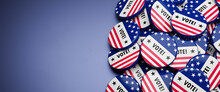 Badges With The Text "Vote!" And Parts Of The American Flag On A Heap On A Table. Concept For US Elections, Presidents Election With American Flag
