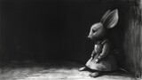 Fototapeta  - a black and white drawing of a rabbit sitting in a corner with its head turned to the side of the frame.