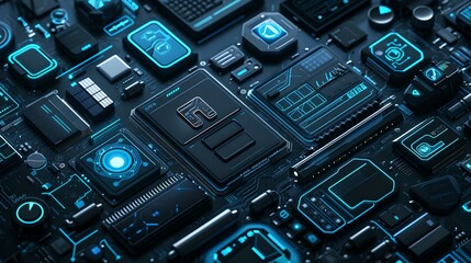 Aufkleber - Futuristic circuit board landscape, neon blue lights, high-tech motherboard design. ideal for technology backgrounds. AI