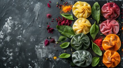 Wall Mural - Colorful handmade pasta on dark background, top view. artistic gourmet food composition with space. culinary art concept in a modern styled photograph. AI