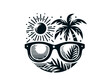 © Almaz - Palm beach vacation and sunglasses vector illustration emblem. Ocean, sunrise, holiday.
