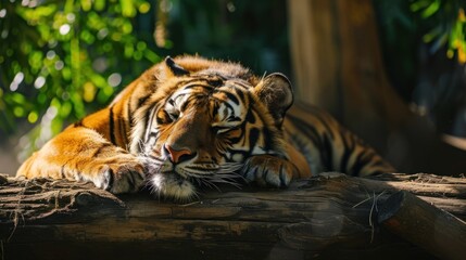 Poster - a close up of a tiger laying on a log with a tree in the background and a bush in the foreground.