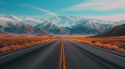 Wall Mural - a long stretch of road in the middle of the desert with mountains in the background and snow capped peaks in the distance.
