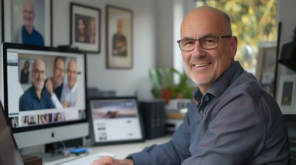 Aufkleber - Professional man working at home office desk with computer. smiling, confident, corporate style. creative workspace environment. AI