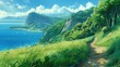 © Matthew - Calm summer scene in anime style, featuring gentle ocean waves, lush green meadows, and majestic cliffs.