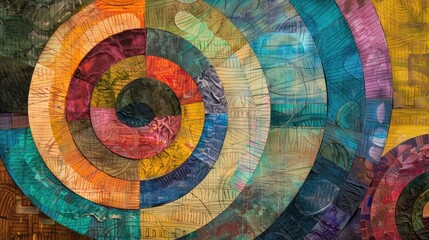 Wall Mural - Art wallpaper on canvas. Vibrant mixed media composition with overlapping circular shapes and textures in a rainbow of colors