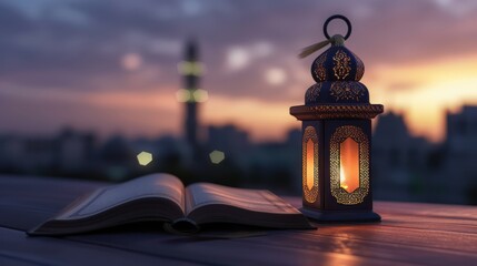 A traditional lantern illuminates beside an open book with a sunset and mosque silhouette in the background, evoking a serene, reflective mood