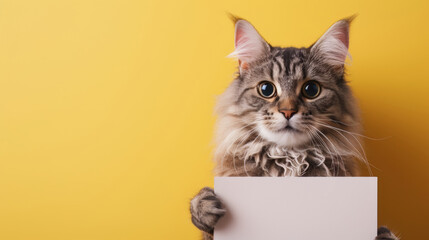 Wall Mural - Fluffy tabby cat holds a blank white sign mock-up on yellow background with copy space for text, template for vet clinic, pet store or adoption messages.