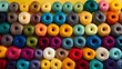 Closeup image of colorful wool yarn balls. Shelf with multi-colored threads for knitting