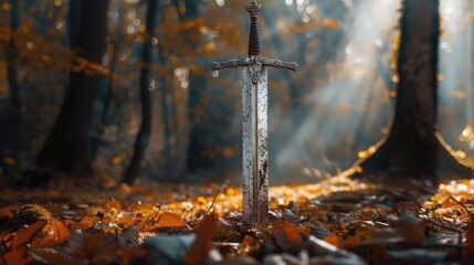 A scenic photo of the sword stuck in the ground. AI generated.