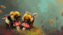 A Couple Of Bees Standing Next To Each Other On Top Of A Lush Green Field Covered In Yellow And Red Flowers.