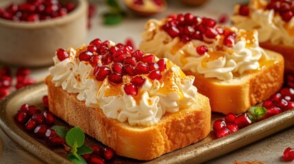 two pieces of bread topped with whipped cream and pomegranates on a platter surrounded by pomegranates.