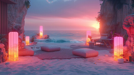 Wall Mural - tranquil beach with playful steampunk sculptures and neon accents