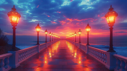 Wall Mural - a glowing pier illuminated by vintage lamps, reflecting against a glossy surface, leading into a vib