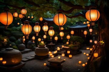 The soft glow of lanterns hanging in a peaceful, ancient garden at dusk.