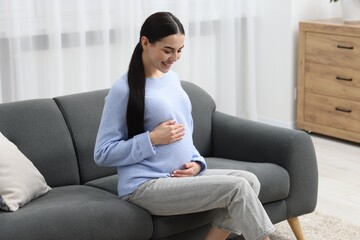 Wall Mural - Happy pregnant woman on sofa at home