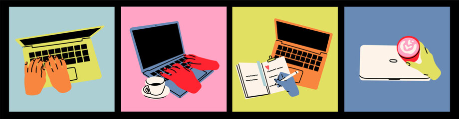 human hands typing on laptop keyboard. laptops with hands, coffee cup, notebook. computing, working 