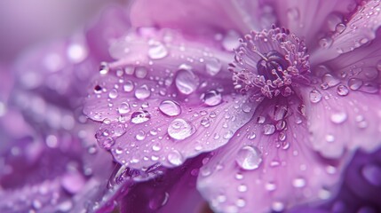  a close - up of a purple flower with water droplets on it, with a soft focus to the center of the flower.