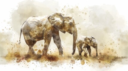 Sticker - a watercolor painting of an adult and baby elephant in a field of grass and dirt, with the baby elephant in the foreground.