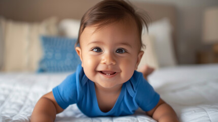 Poster - happy baby with blue eyes is lying on their tummy on a textured blanket with pillows in the background.