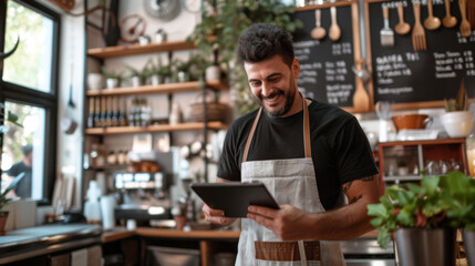 Canvas Print - A male cafe worker is using a tablet with a smile inside a well-lit coffee shop, surrounded by various coffee shop elements.