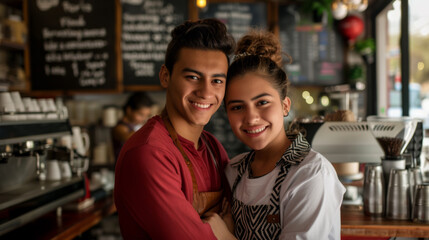 Two baristas, a man and a woman, are smiling and posing together in a warmly lit coffee shop with coffee machines and a menu board in the background.