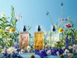 photo three perfume bottles with flowers on blue background