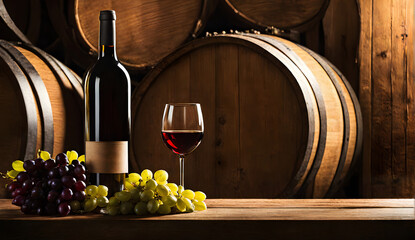 Wall Mural - Rustic wooden table with bottle of wine and glass