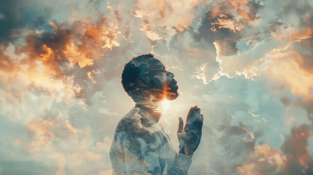 Double exposure of man praying against sky background with clouds and light.