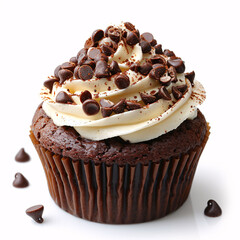 chocolate cupcakes with whipped cream and chocolate sprinkles isolated on white